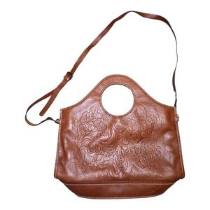 Patricia Nash Brown Tooled Floral Italian Leather Shoulder Crossbody Bag
